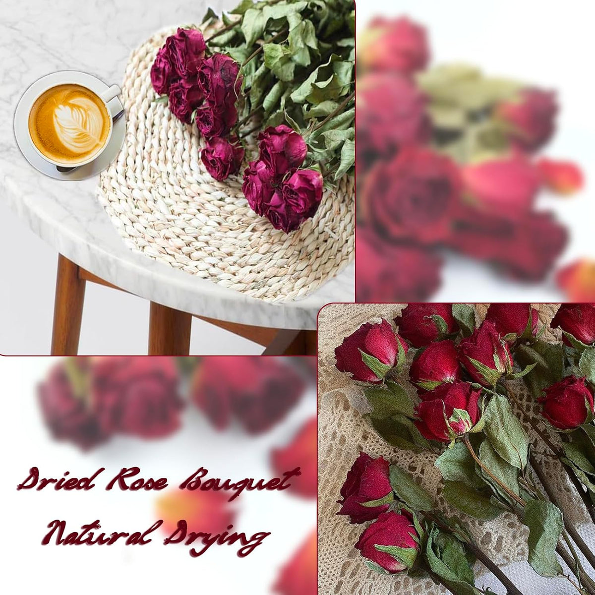 TooGet Natural Dried Flowers Bouquet, 10 Pcs Red Dried Roses Bouquet for Wedding Decoration and DIY Wreath Floral Home Decor