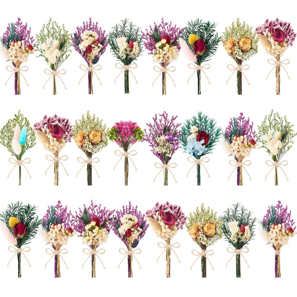 12/24 PCS Charming Dried Flowers Bouquet for Vase Various Dried Wildflowers with Stems Mini Handmade Wildflowers Natural Real Flowers Bulk Flowers Craft (Solid Color, 24PCS)