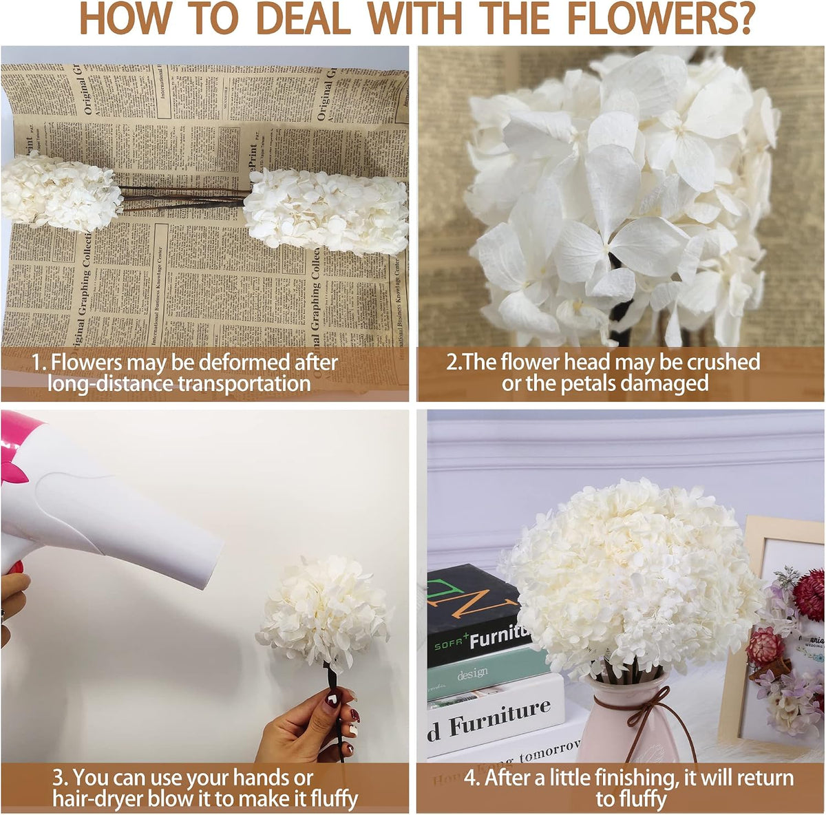 5 Pcs Preserved White Hydrangea Flowers, Real Handmade Floral Stems