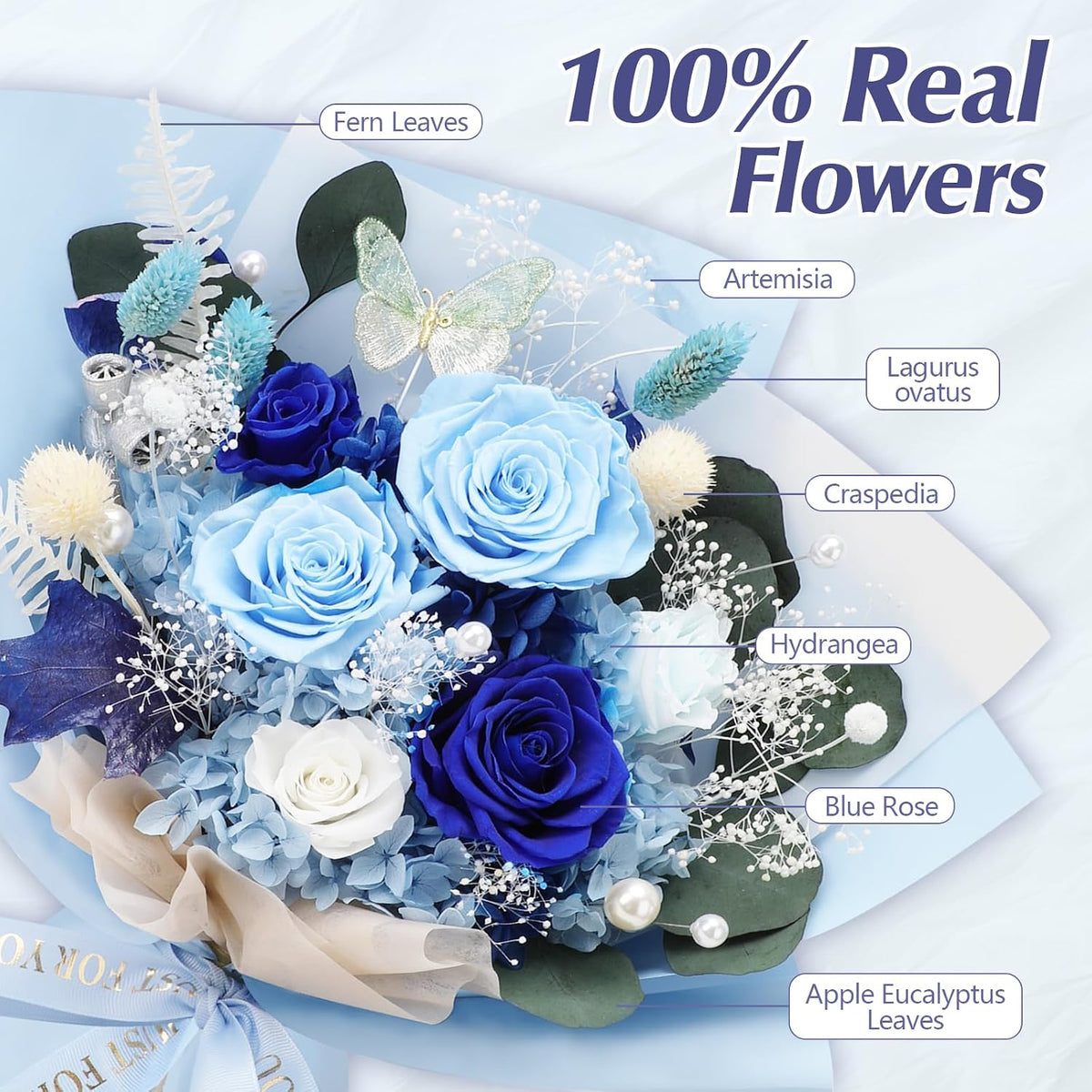 Casaido Preserved Flowers for Delivery, Mothers Day 6 Blue Roses Bouquet, Birthday Rose Gifts for Women Mom Wife Girlfriend, Real Flowers for Christmas Valentines Day Anniversary