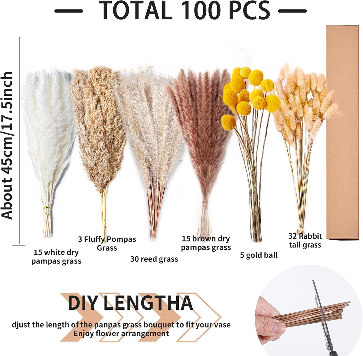 Natural Dried Pampas Grass Decor - 17.5" 100Pcs Fluffy Pampas Grass Bouquet