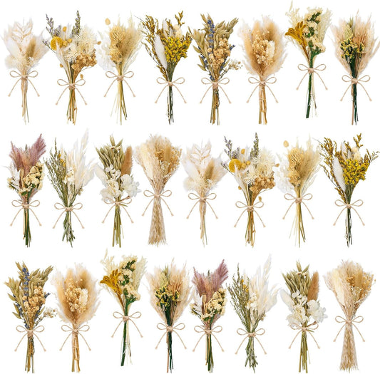 12/24 PCS Charming Dried Flowers Bouquet for Vase Various Dried Wildflowers with Stems Mini Handmade Wildflowers Natural Real Flowers Bulk Flowers Craft (Solid Color, 24PCS)