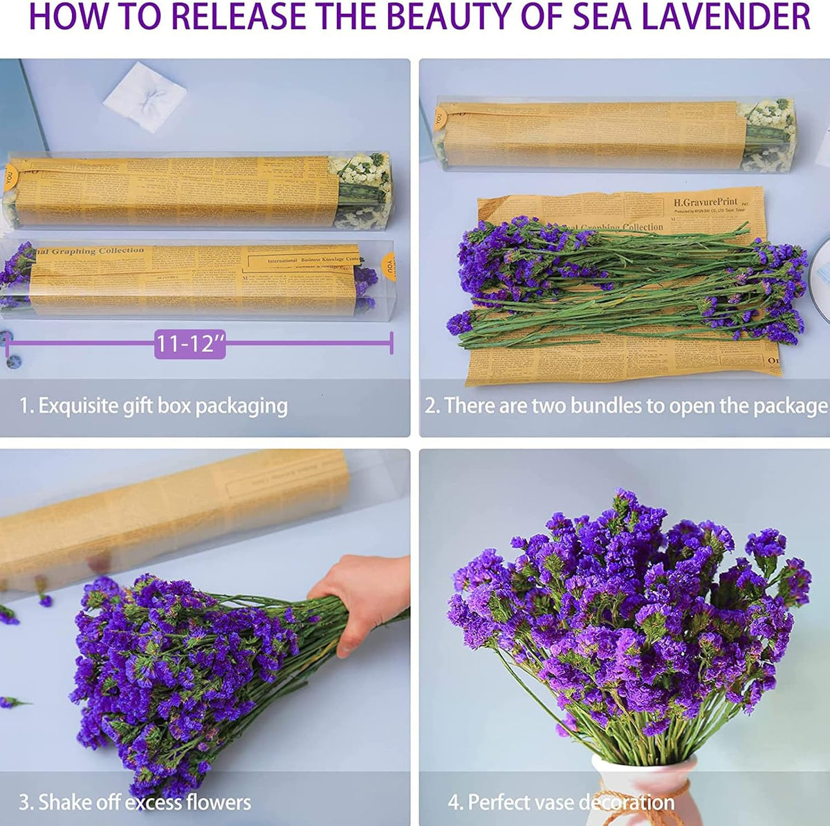 Dried Flowers Sea Lavender Bouquet - 12 inch Real Natural 1600+ Purple Statice Flowers, Dried Lavender Bundle for Arrangements, Home Decor, Wedding, DIY Party (Purple)