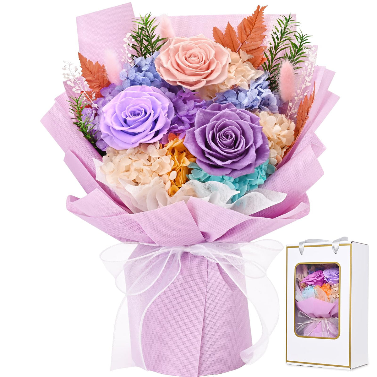 Waipfaru Preserved Flowers, Purple Fresh Bouquet with Gift Box, Flowers for Delivery Prime, Forever Flowers for Women Birthday Gift, Anniversary, Teacher, Mother Day, Valentines Day Gifts for Her