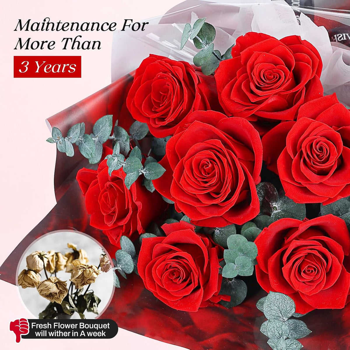 Preserved Flowers for Delivery, 7 Red Roses with Vase, Gifts for Women Her