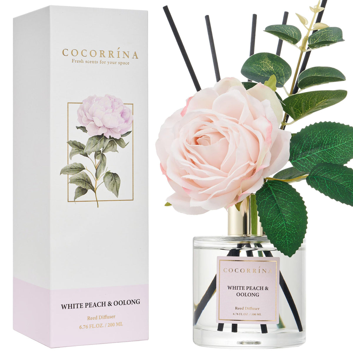 Cocorrína Premium Reed Diffuser Set with Preserved Baby's Breath & Cotton Stick Sandalwood Rose | 6.7oz Scent Fragrance Oil Diffuser for Bedroom Bathroom Home Décor