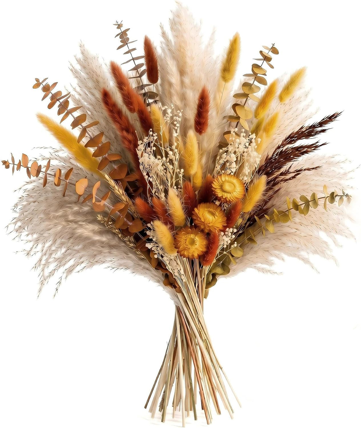 73 Pcs Pampas Grass Decor DIY Floral Material Kit, Natural Dried Flowers Loose Stems with Orange Eucalyptus & Bunny Tails for Vase Arrangement, Warm Boho Fall Decor (Vase Not Included)