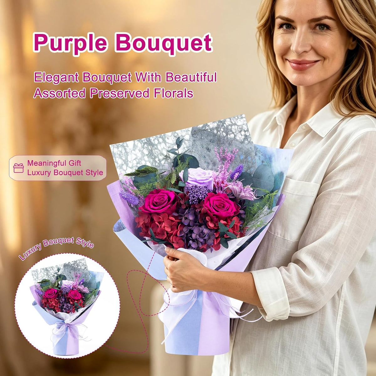 FLORALUNA Preserved Flowers, Purple Preserved Flowers Bouquet