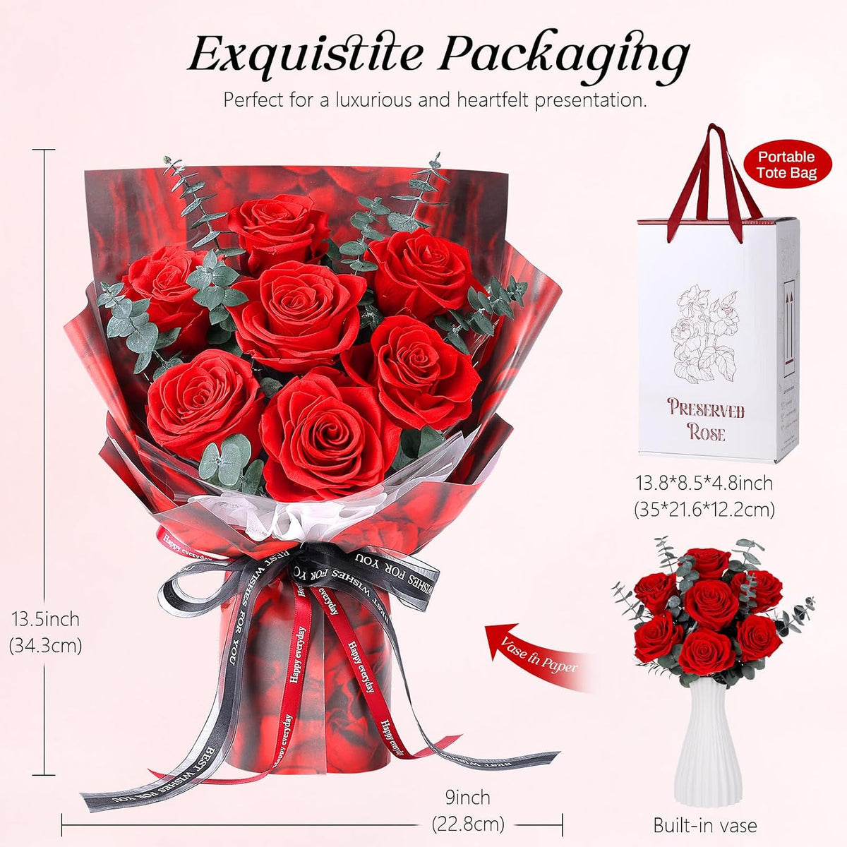 Preserved Flowers for Delivery, 7 Red Roses with Vase, Gifts for Women Her