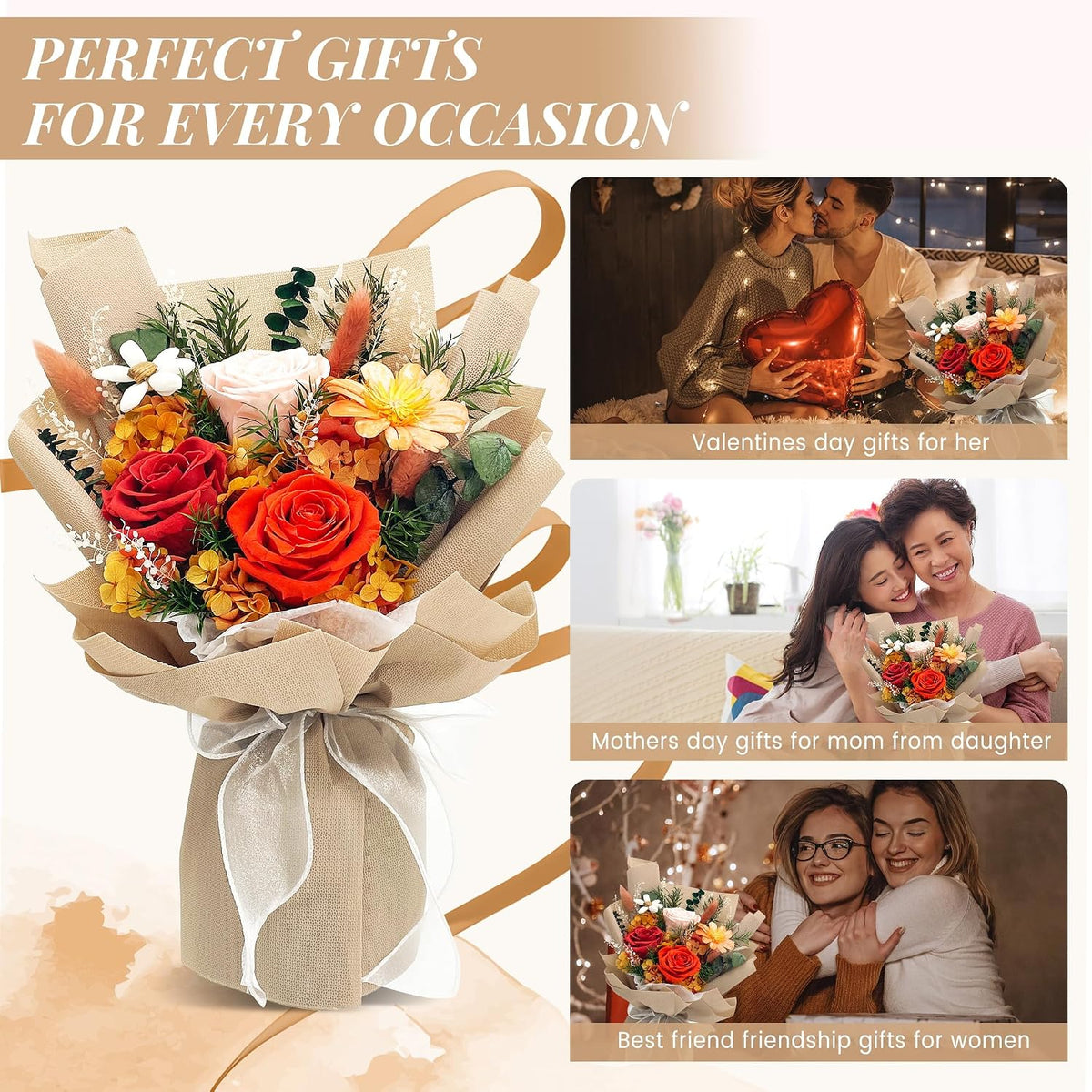 QOEAZY Flowers for Delivery, Preserved Flowers Bouquet with Gift Box, Rose Gifts for Women Mom Grandma
