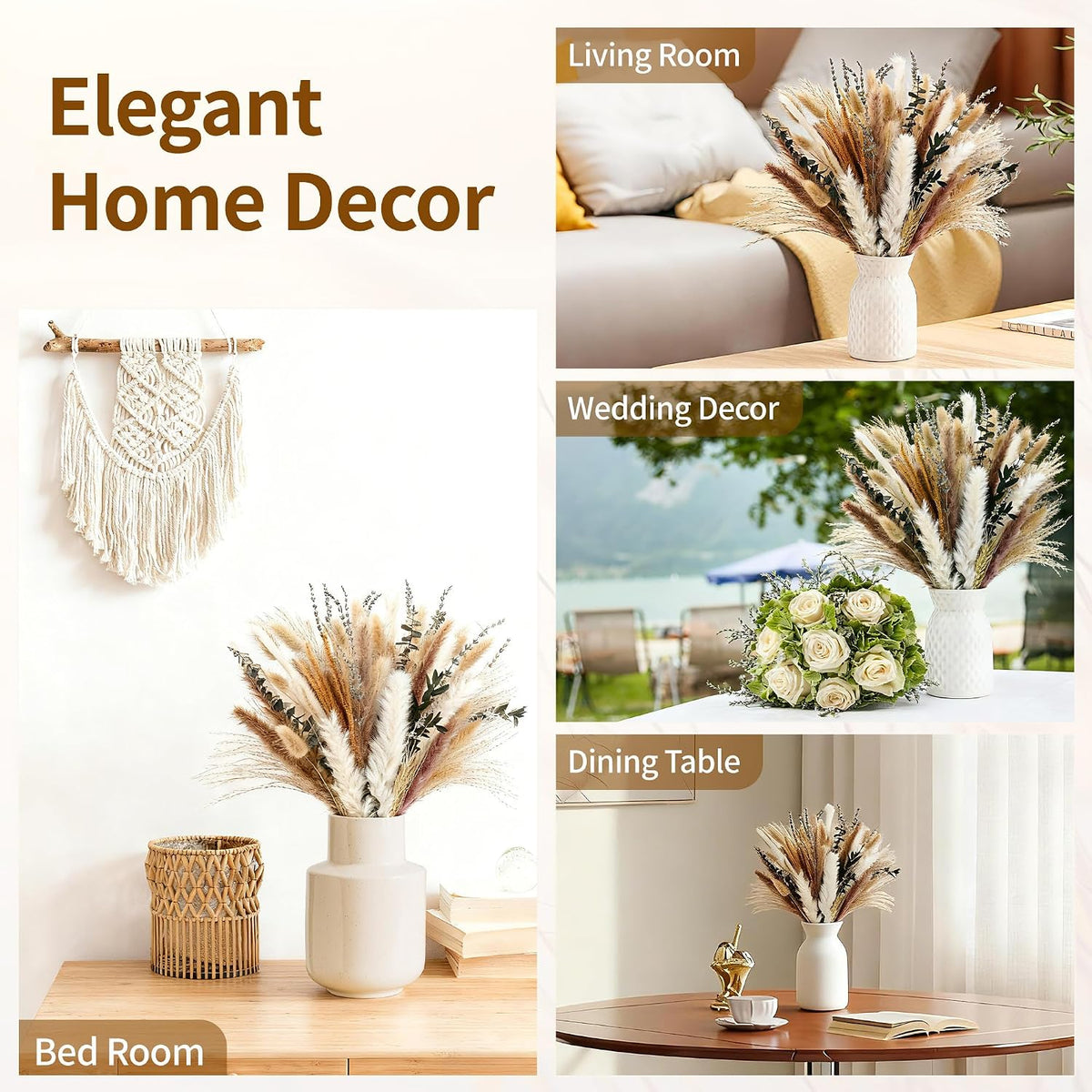 Bpole Dried Pampas Grass Bouquet -92 Pcs 11-13inch 9 Styles Boho Decor