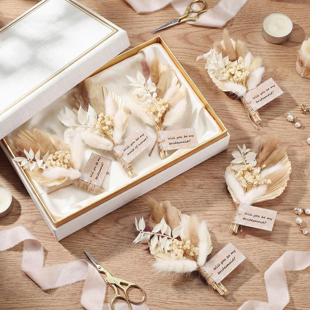 Suncalla 6 Pcs Bridesmaid Proposal Gifts Dried Bouquets,White,Boho