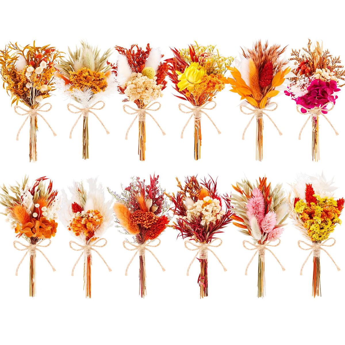 12/24 PCS Charming Dried Flowers Bouquet for Vase Various Dried Wildflowers with Stems Mini Handmade Wildflowers Natural Real Flowers Bulk Flowers Craft (Solid Color, 24PCS)