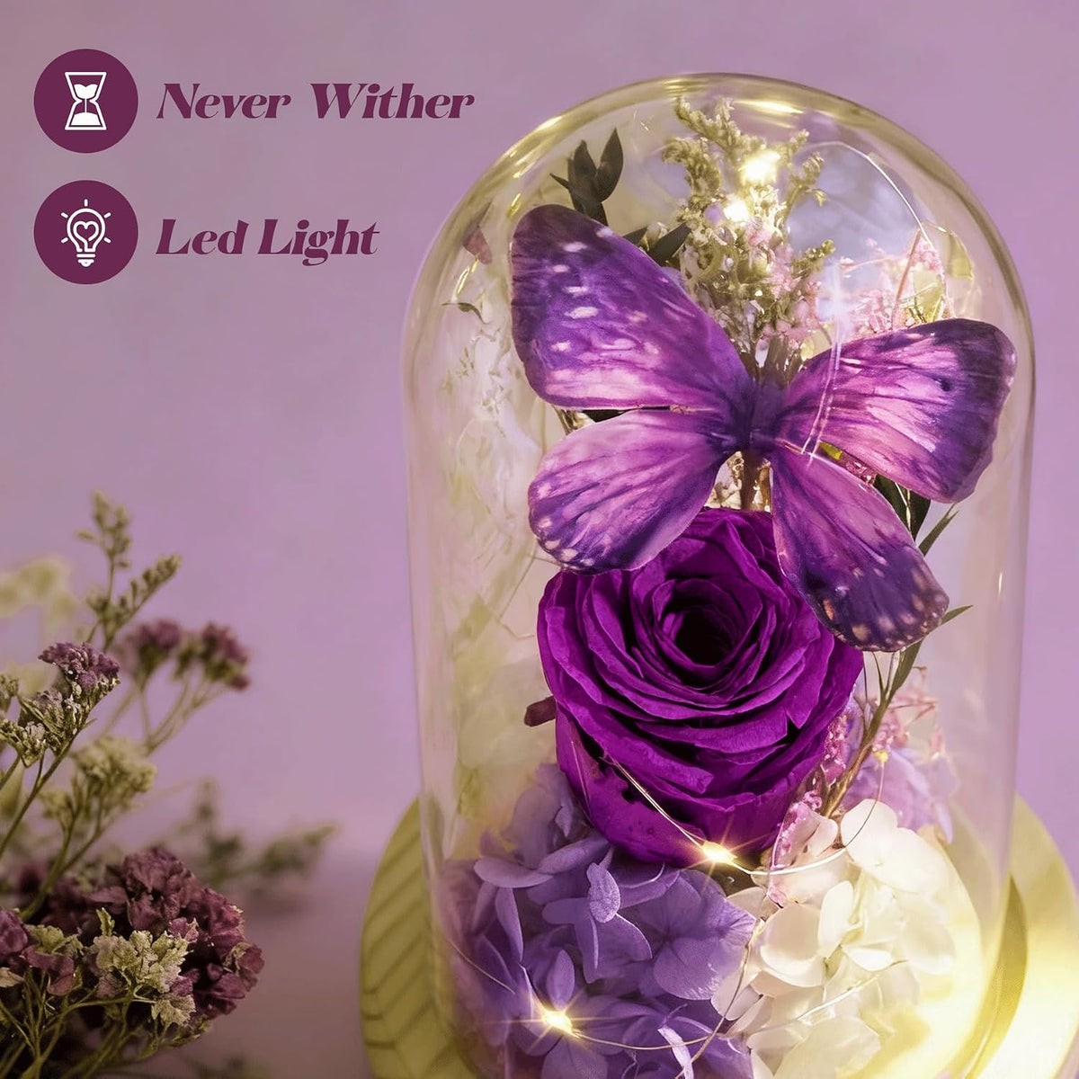 Forever Flowers Preserved Roses Prime Delivery, with Light in Glass Dome for Mom Grandma Wife Girlfriend, Purple Flower for Mother's Day, Valentine's Day, Anniversary, Birthday