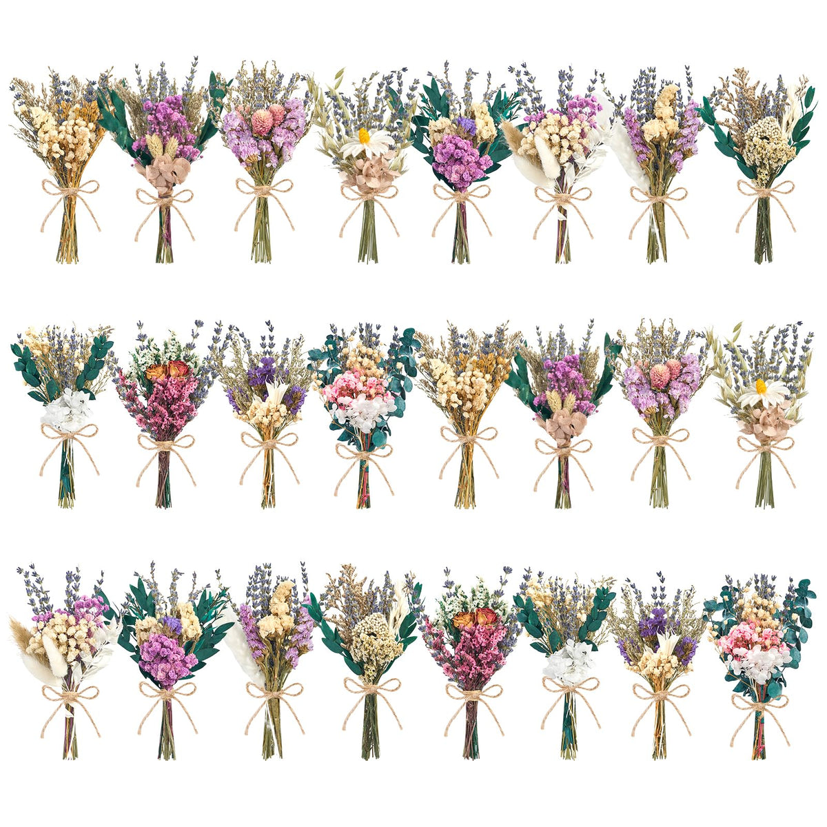 12/24PCS Handmade Dried Flower Bouquet with Stems Natural Dried Wildflowers 7.5 Inch Mini Dry Flowers for Vase Farmhouse Decor, Wedding Styling, Photography Props, Gift DIY(12pcs, Bright)
