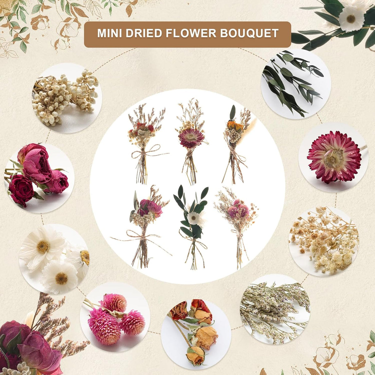 Fumwase 6Pcs Mini Dried Flower Bouquet Natural Real Flowers for Crafts Boho Dried Flowers Bulk Small Dried Flowers for Vase Dried Wildflowers for DIY Photo Props Gift Wedding Decor
