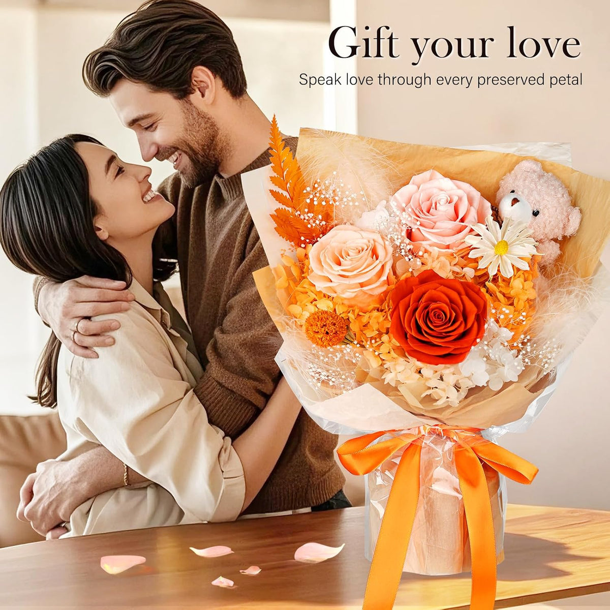 Flowers for Delivery with Bear, Orange Preserved Flowers, Gifts for Mom Her