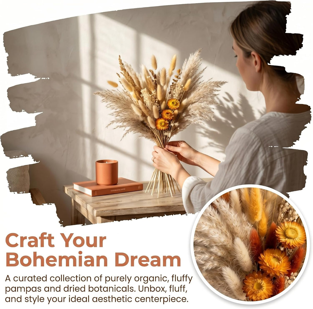 73 Pcs Pampas Grass Decor DIY Floral Material Kit, Natural Dried Flowers Loose Stems with Orange Eucalyptus & Bunny Tails for Vase Arrangement, Warm Boho Fall Decor (Vase Not Included)