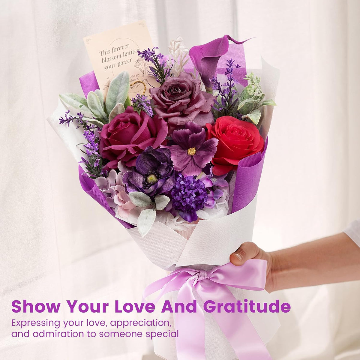 TINGE TIME Mothers Day Preserved Flowers Bouquet, Forever Flowers Gifts for Mom, Birthday Gifts for Women, Eternal Roses Bouquet for Grandma Wife Anniversary Graduation(Purple)