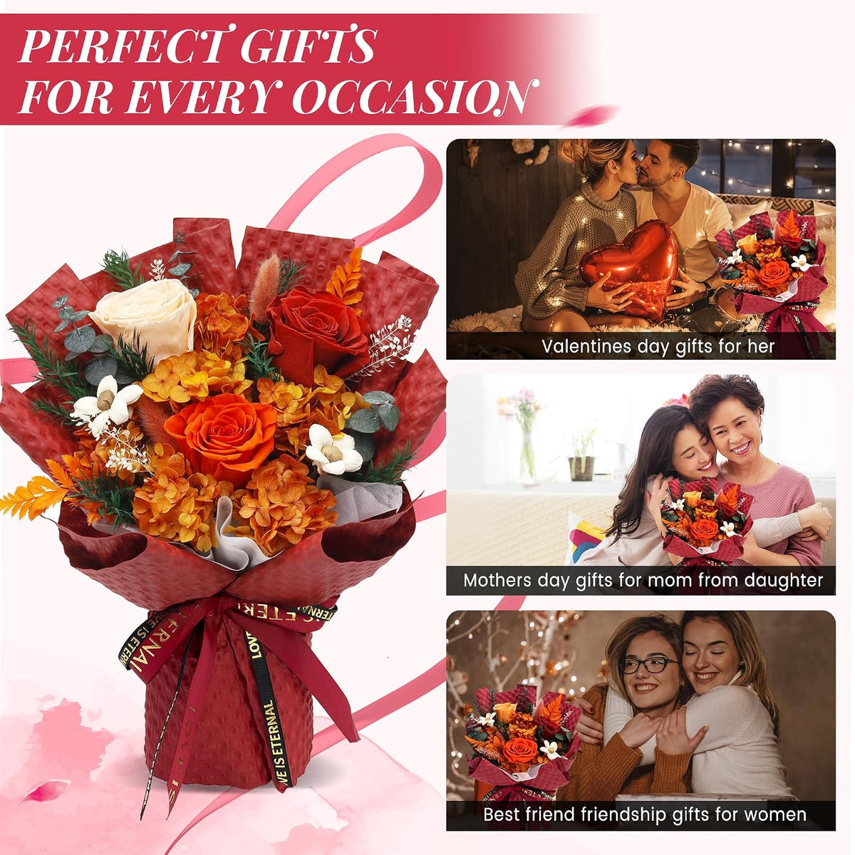 VTJMB Flowers for Delivery Prime Tomorrow, Preserved Flower Bouquet with Box, Birthday Dried Flowers Gift for Women, for Mom, Wife, Grandma, Friends，Red