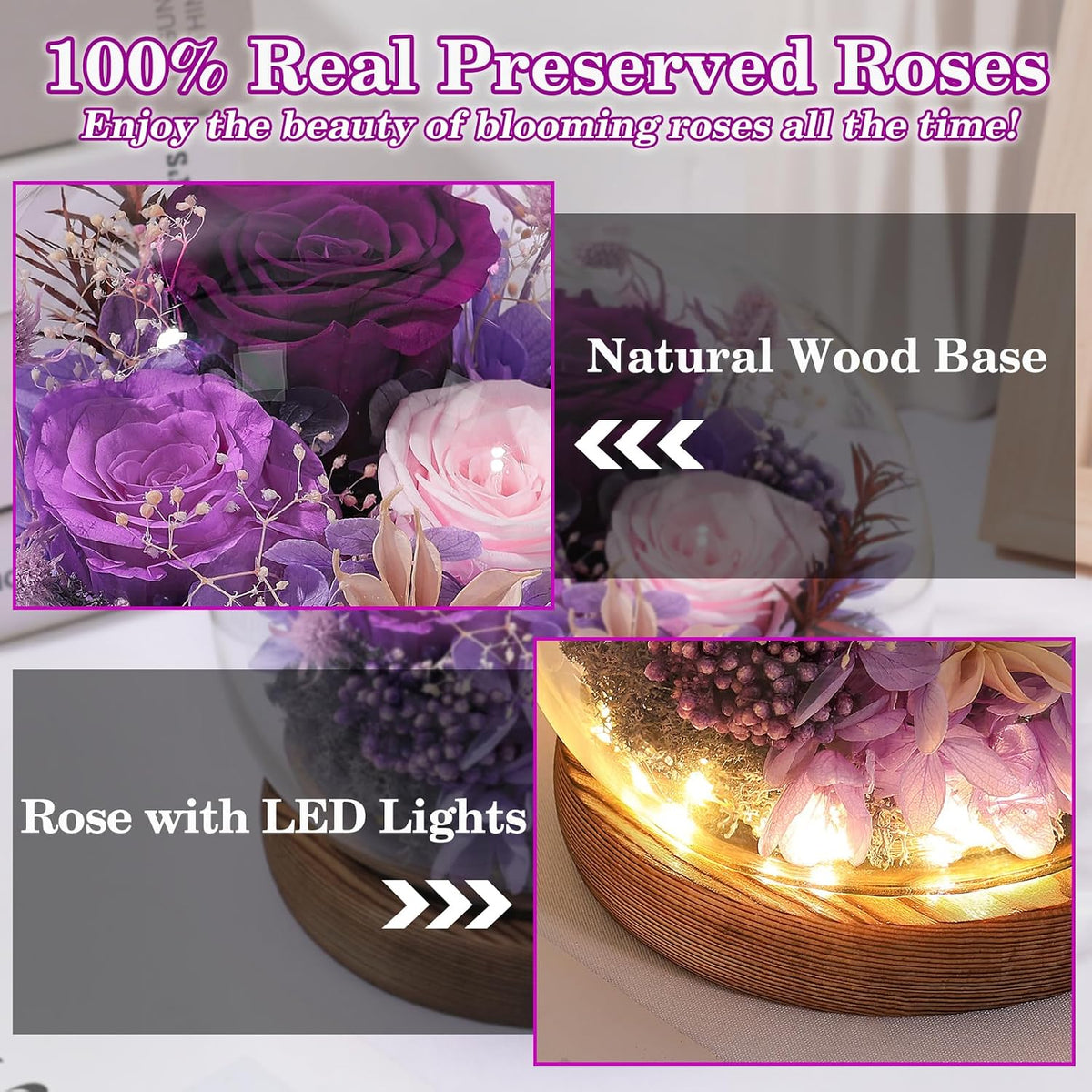 FIACO Gifts for Mom Flowers for Delivery Birthday Gifts for Women Grandma Forever Preserved Eternal Rose in Glass Dome Mother Days Valentines Anniversary for Girlfriend Wife Her, Purple