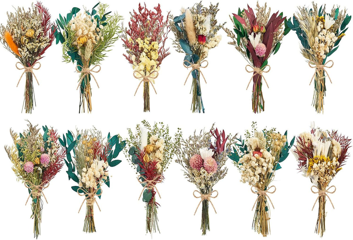 12/24PCS Handmade Dried Flower Bouquet with Stems Natural Dried Wildflowers 7.5 Inch Mini Dry Flowers for Vase Farmhouse Decor, Wedding Styling, Photography Props, Gift DIY(12pcs, Bright)