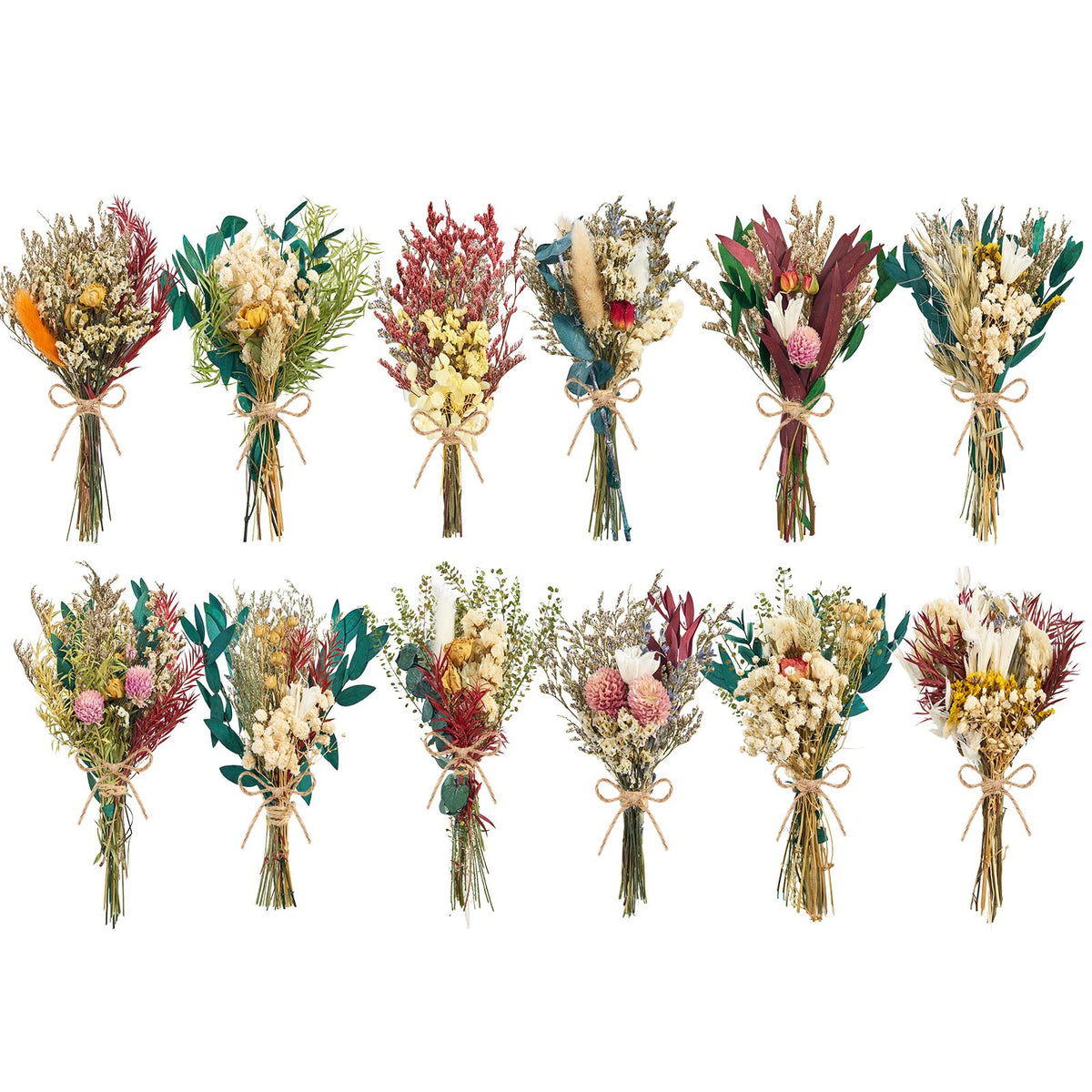 12/24PCS Handmade Dried Flower Bouquet with Stems Natural Dried Wildflowers 7.5 Inch Mini Dry Flowers for Vase Farmhouse Decor, Wedding Styling, Photography Props, Gift DIY(12pcs, Bright)