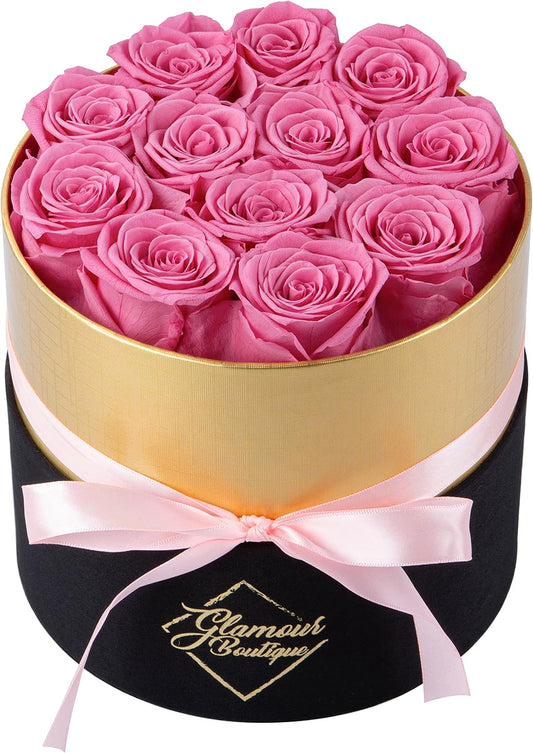GLAMOUR BOUTIQUE Eternal Preserved Roses in a Box, Flowers Forever, Rose Forever in a Box for Wife or Her, Lasting Real Flower Gift, Elegant Luxury Floral Home Decor, 12 Roses, Pink (Color-Treated)