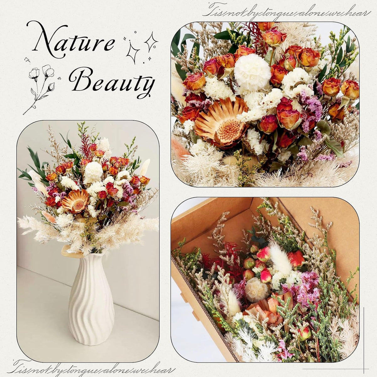 17" Dried Flower Bouquets, 100% Natural Dried Flowers with Dried Roses,Bunny Tails,Chrysanthemum Flowers Decor for Vase Rustic Boho Home Decor,Party Fall Decor for Wedding Gift