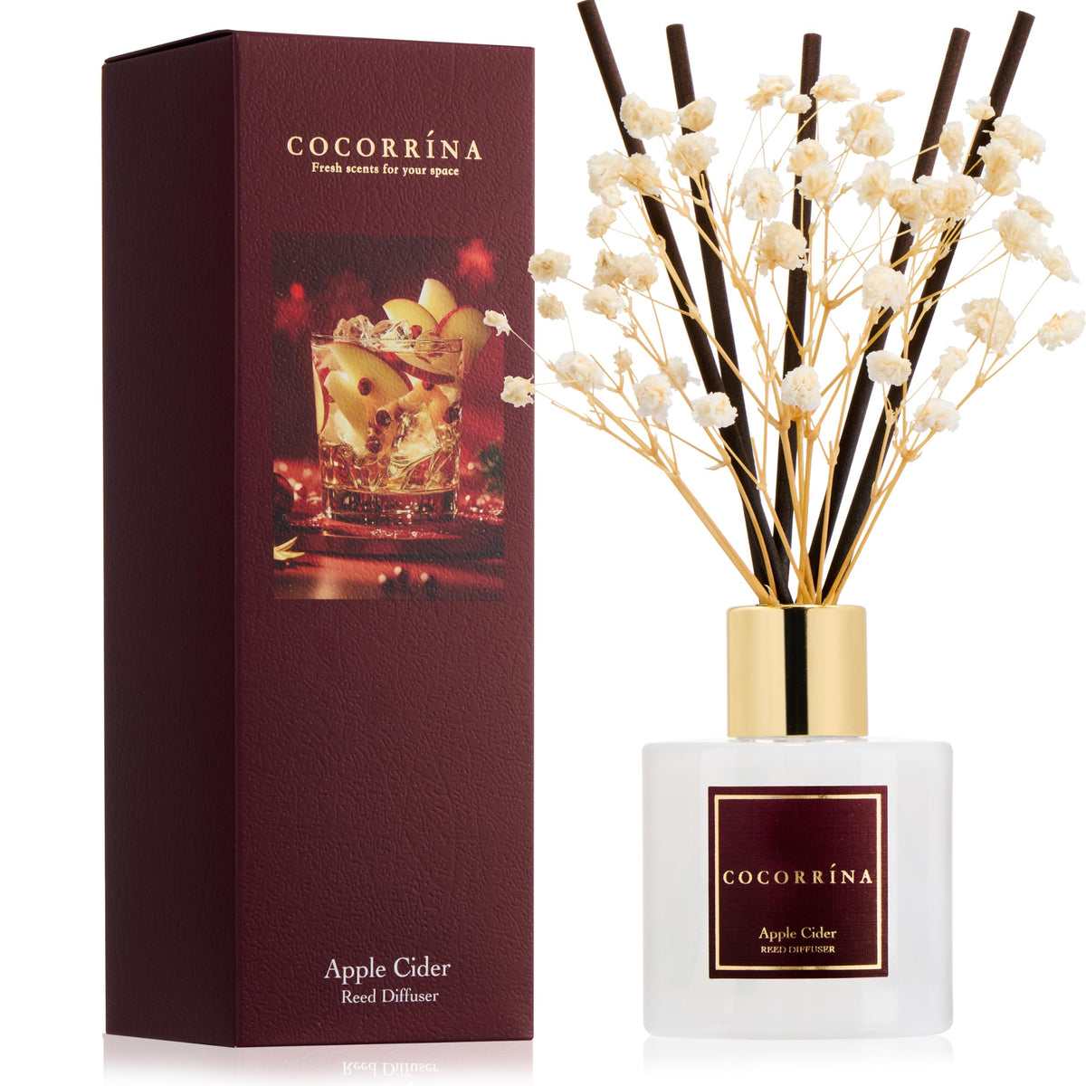 Cocorrína Premium Reed Diffuser Set with Preserved Baby's Breath & Cotton Stick Sandalwood Rose | 6.7oz Scent Fragrance Oil Diffuser for Bedroom Bathroom Home Décor