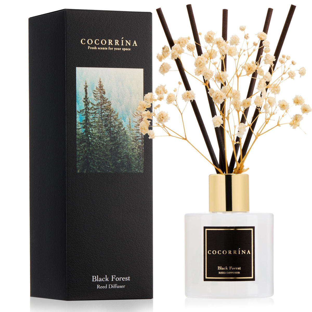Cocorrína Premium Reed Diffuser Set with Preserved Baby's Breath & Cotton Stick Sandalwood Rose | 6.7oz Scent Fragrance Oil Diffuser for Bedroom Bathroom Home Décor