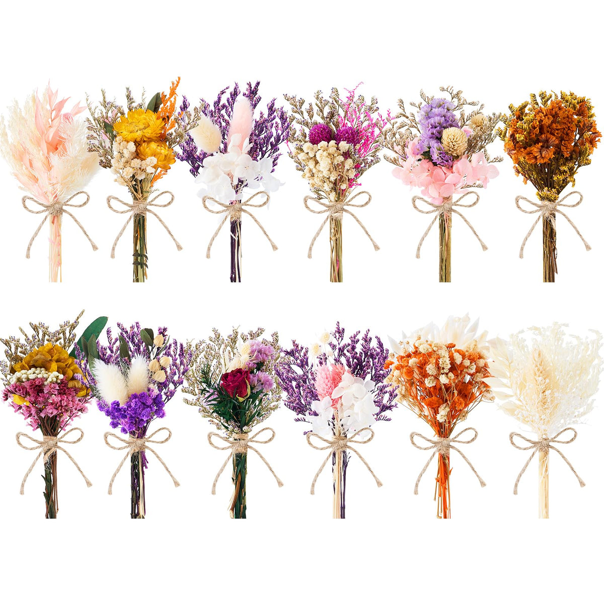 12/24 PCS Charming Dried Flowers Bouquet for Vase Various Dried Wildflowers with Stems Mini Handmade Wildflowers Natural Real Flowers Bulk Flowers Craft (Solid Color, 24PCS)