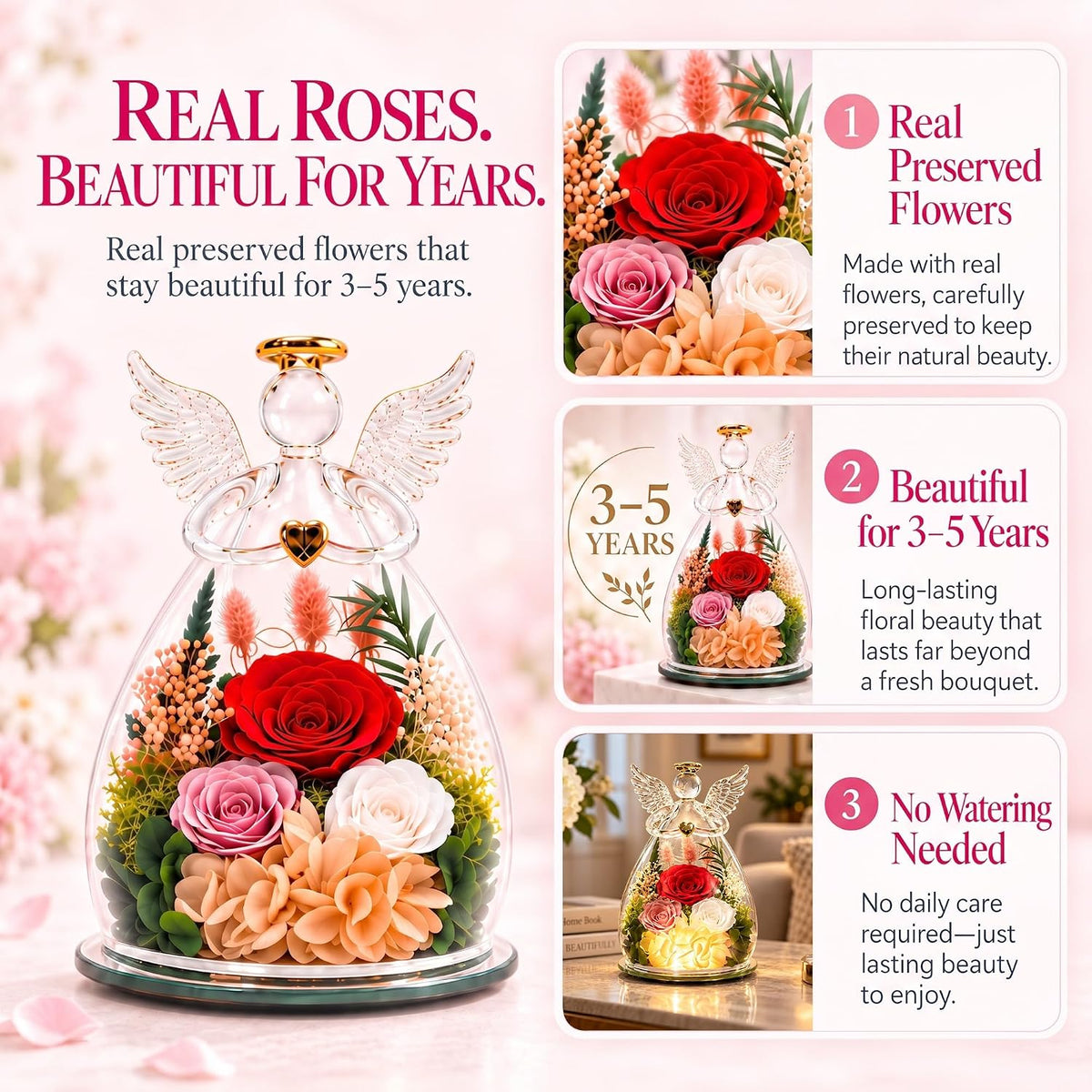 Nacome Preserved Rose Glass Angel Figurine with LED Light Gift for Women