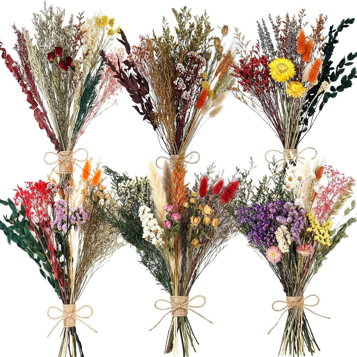 6 Bunches Large Size Dried Flower Bouquet 15 -17 Inch Natural Various Dried Flower Combinations with Wildflowers Dry Rose Lavender Forget Me Not Babys Breath for Vase Boho Wedding Farmhour Home Decor