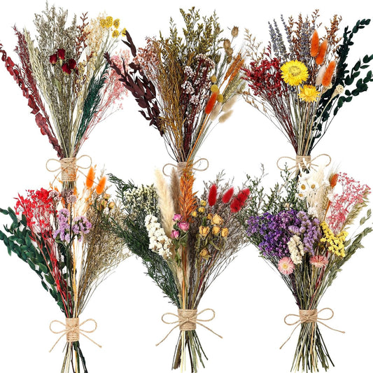 6 Bunches Large Size Dried Flower Bouquet 15 -17 Inch Natural Various Dried Flower Combinations with Wildflowers Dry Rose Lavender Forget Me Not Babys Breath for Vase Boho Wedding Farmhour Home Decor