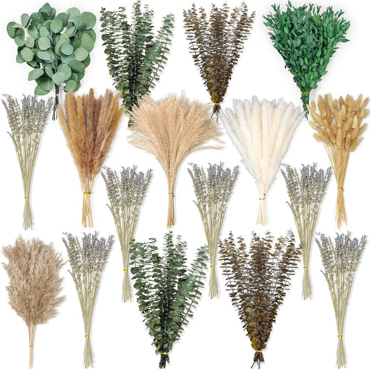 275 PCS Mixed Dried Eucalyptus Stems & Lavender Flowers with Pampas Grass, Bunny Tails, Preserved Eucalyptus, Dried Flower Bouquet for Vase, Boho Wedding, Home, Bathroom & Rustic Decor
