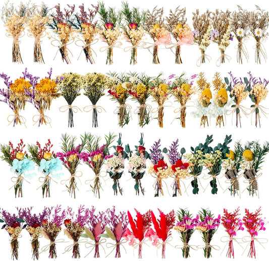 Tinideya 48 Pcs Dried Flowers Bouquet Boho Mini Dried Flower with Stem Small Floral Plants Mixed Natural Flowers Bundles for Crafts Vase DIY Photo Props Wedding Decoration