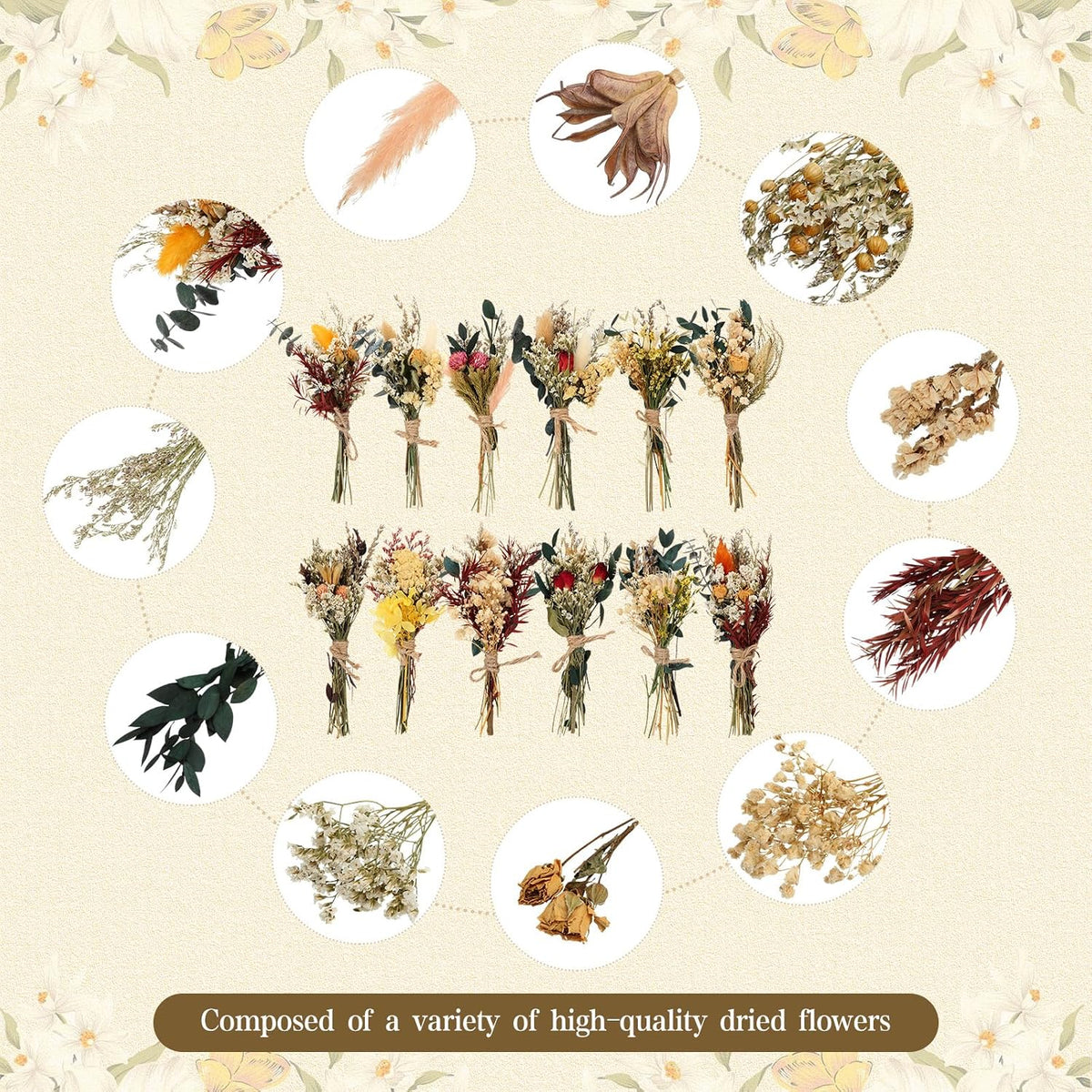 Layhit 12 Pcs Mini Dried Flower Bouquet Boho for Wedding,Bright
