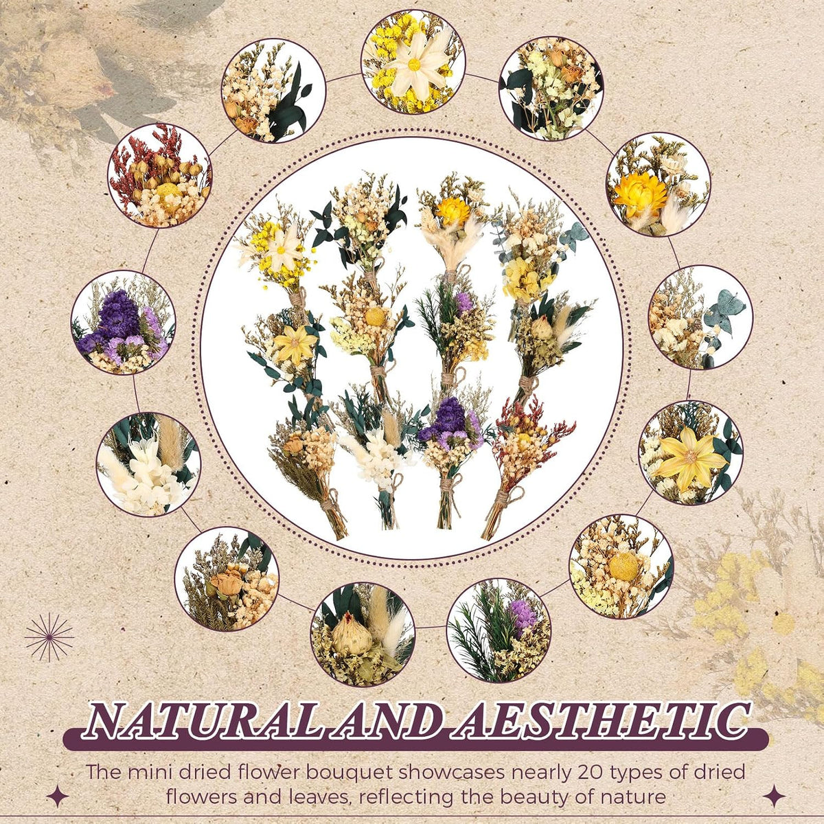 Layhit 24 Pcs Mini Dried Flower Bouquets Boho for Vase, Vivid