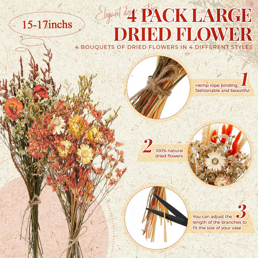 Layhit 4 Pack Large Size Boho Dried Flowers 15-17 Inch, Gerbera Daisy