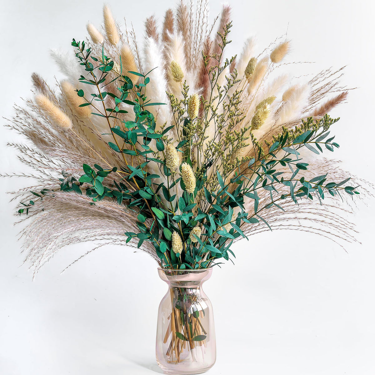 Boho Dried Flower Bouquet – Pampas Grass Bouquet with Lavender, Eucalyptus, Wheat & Bunny Tail – Rustic Dried Floral Arrangement for Olive Green Decor, Farmhouse Flowers, and Wedding Centerpieces